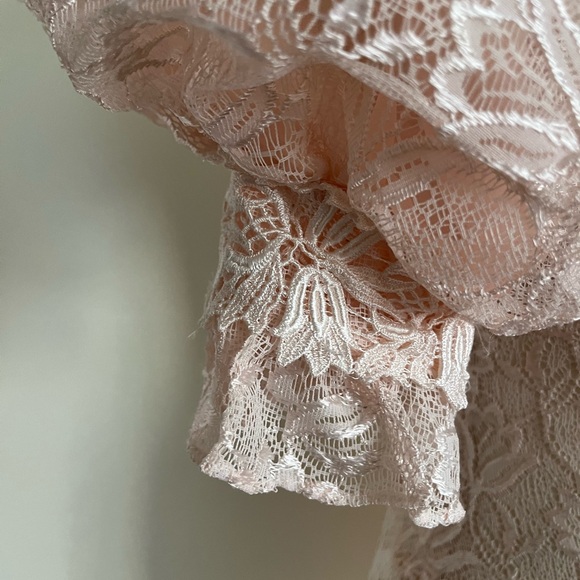 Vintage 80s 90s Glenda Sheer Lace Dress Puff Sleeve Peach Pink Princess Size 4 - Picture 6 of 8